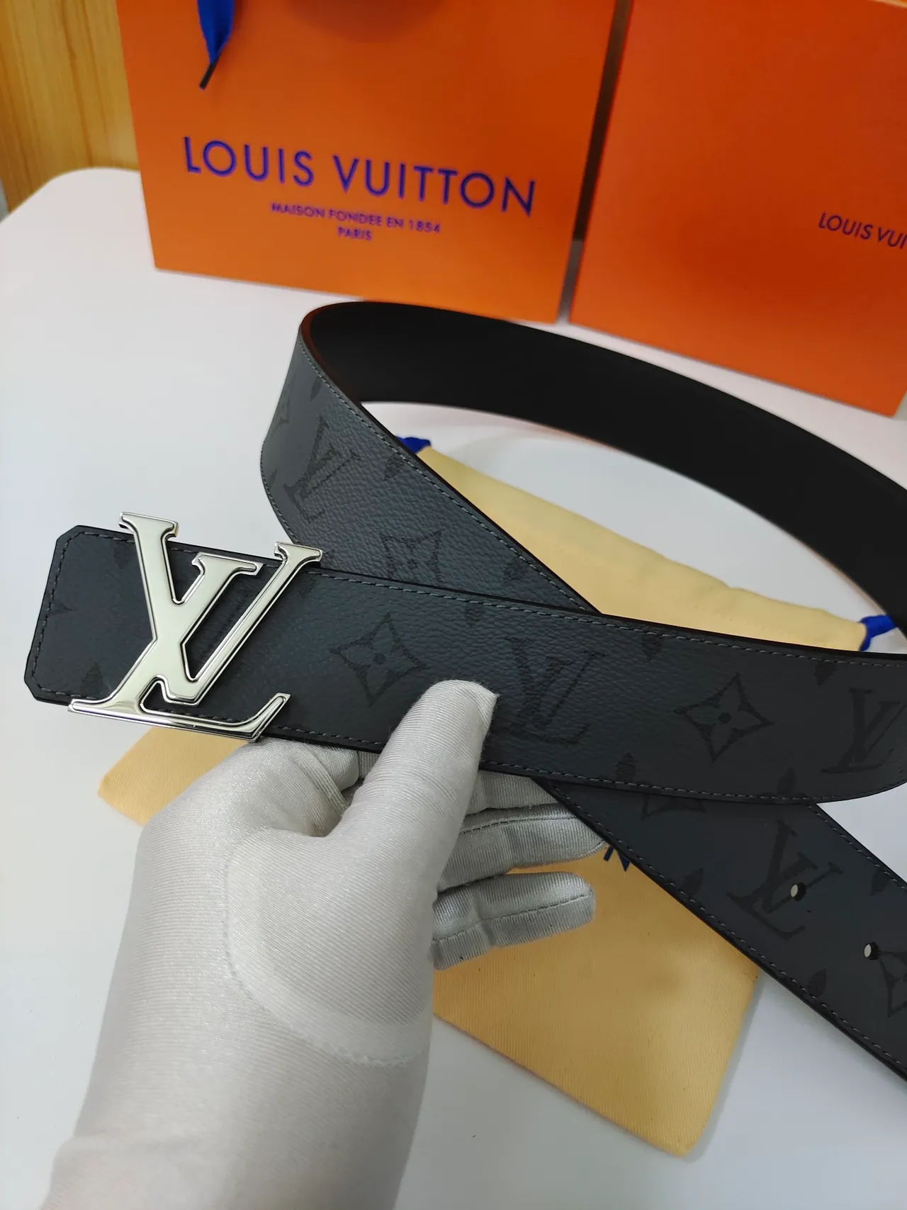 Louis Vuitton Black Silver Monogram-Coated Oversized LV Buckle Leather Belt 5