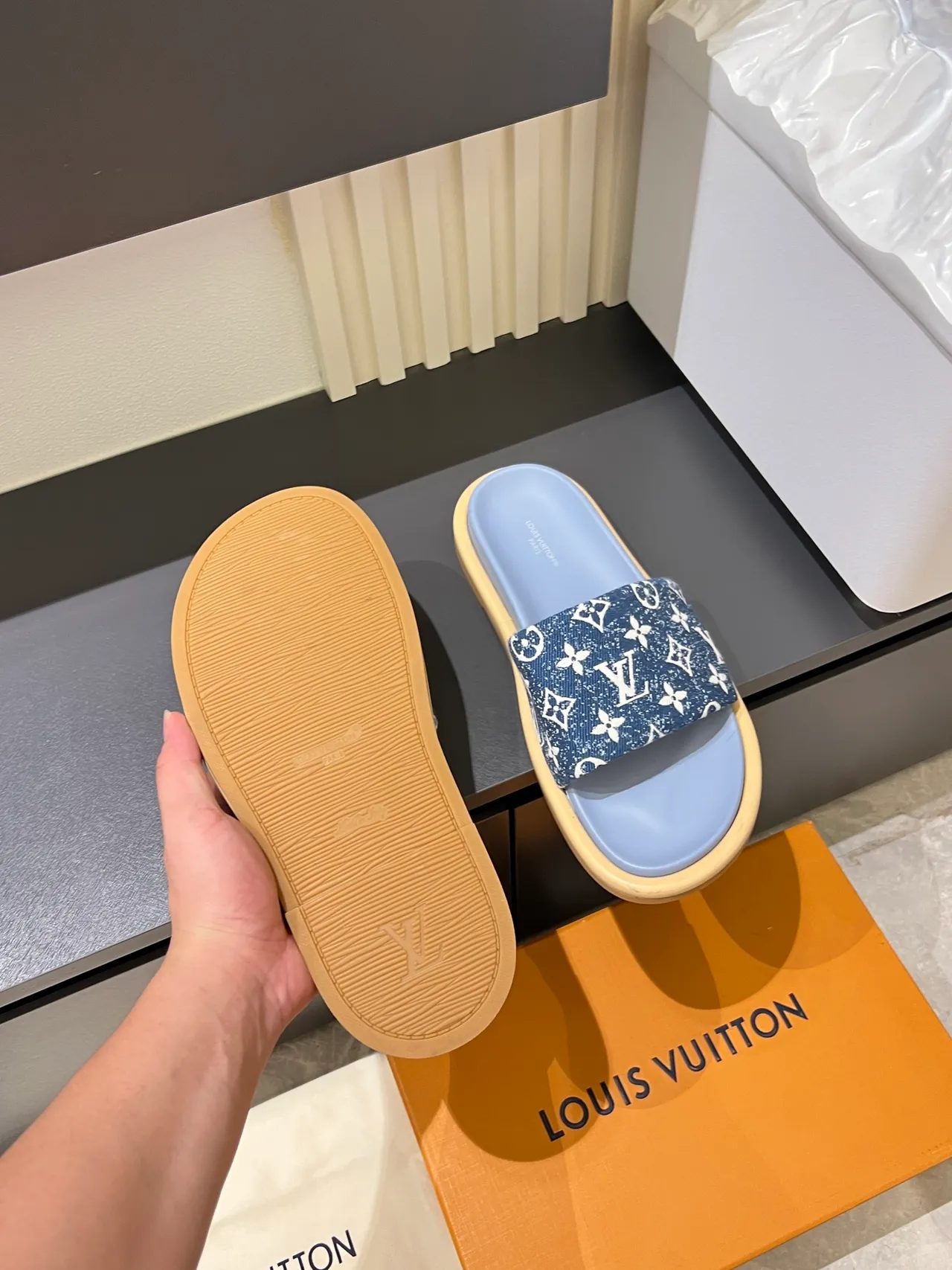 Louis Vuitton Blue White Monogrammed Canvas Strap Flat Rubber Sole Slippers 2