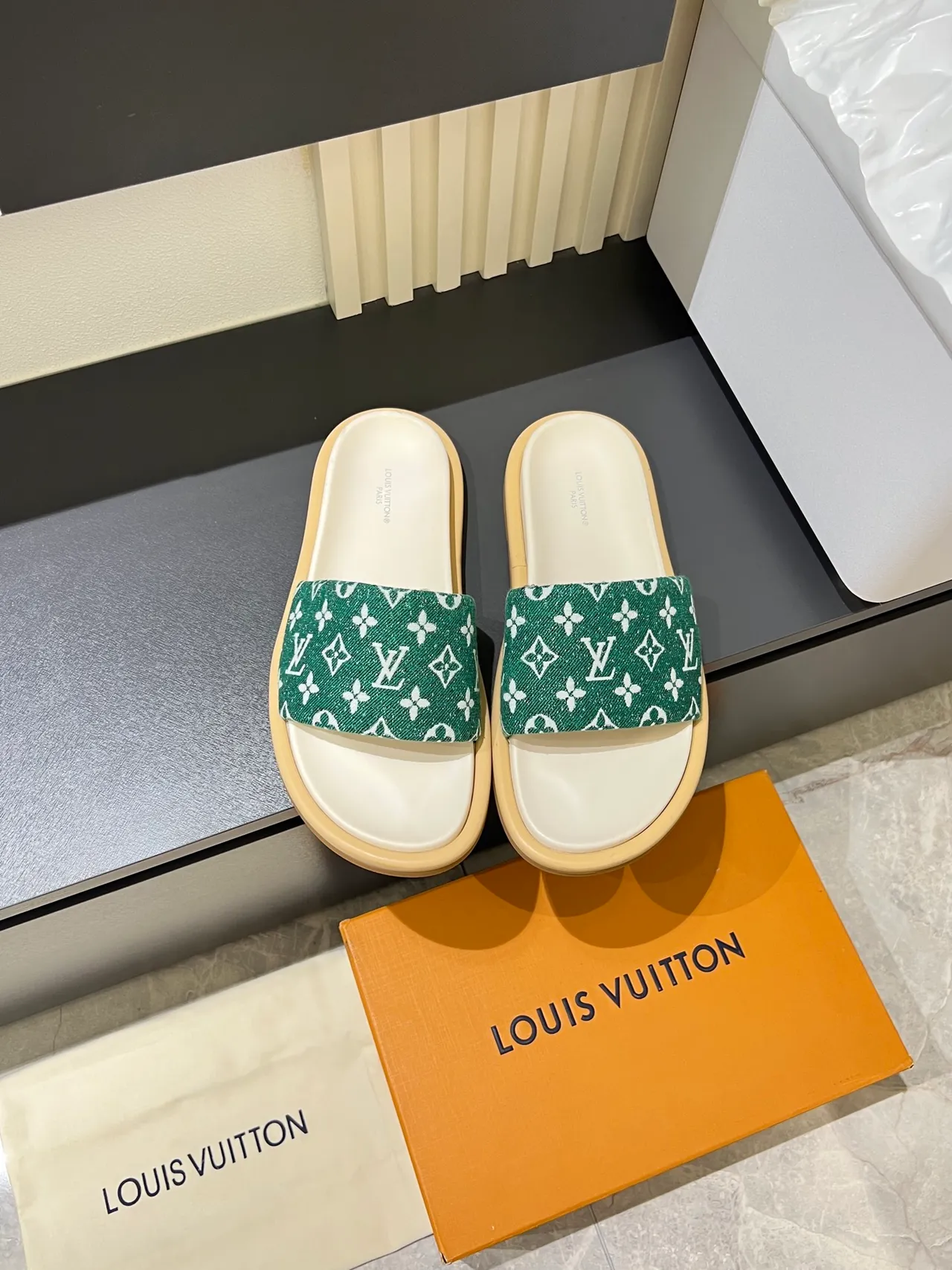 Louis Vuitton Blue White Monogrammed Canvas Strap Flat Rubber Sole Slippers 12