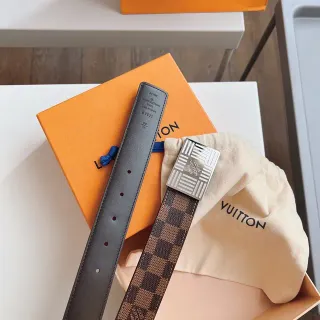 Louis Vuitton Brown Beige Damier Ebène Canvas Silver-Tone Grid Buckle Leather Belt