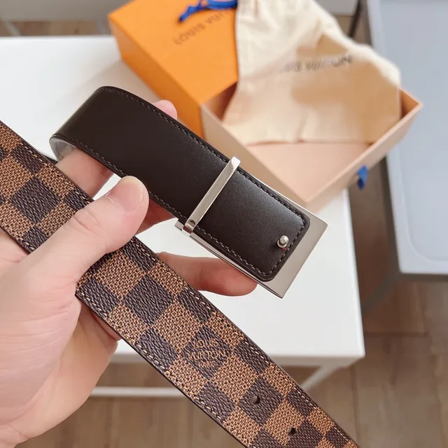 Louis Vuitton Marrom Bege Damier Ebène Lona Silver-Tone Grid Buckle Cinto de couro 3