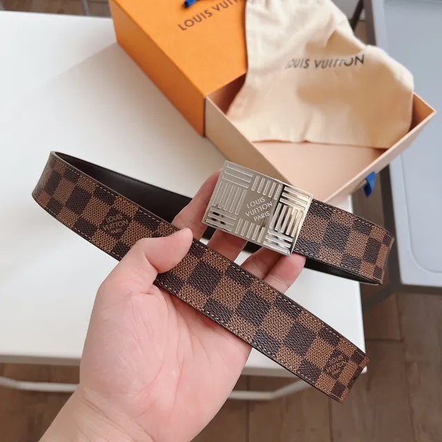 Louis Vuitton Marrom Bege Damier Ebène Lona Silver-Tone Grid Buckle Cinto de couro 5