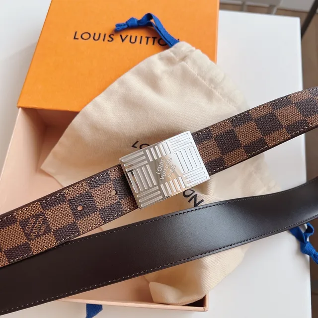 Louis Vuitton Marrom Bege Damier Ebène Lona Silver-Tone Grid Buckle Cinto de couro 6
