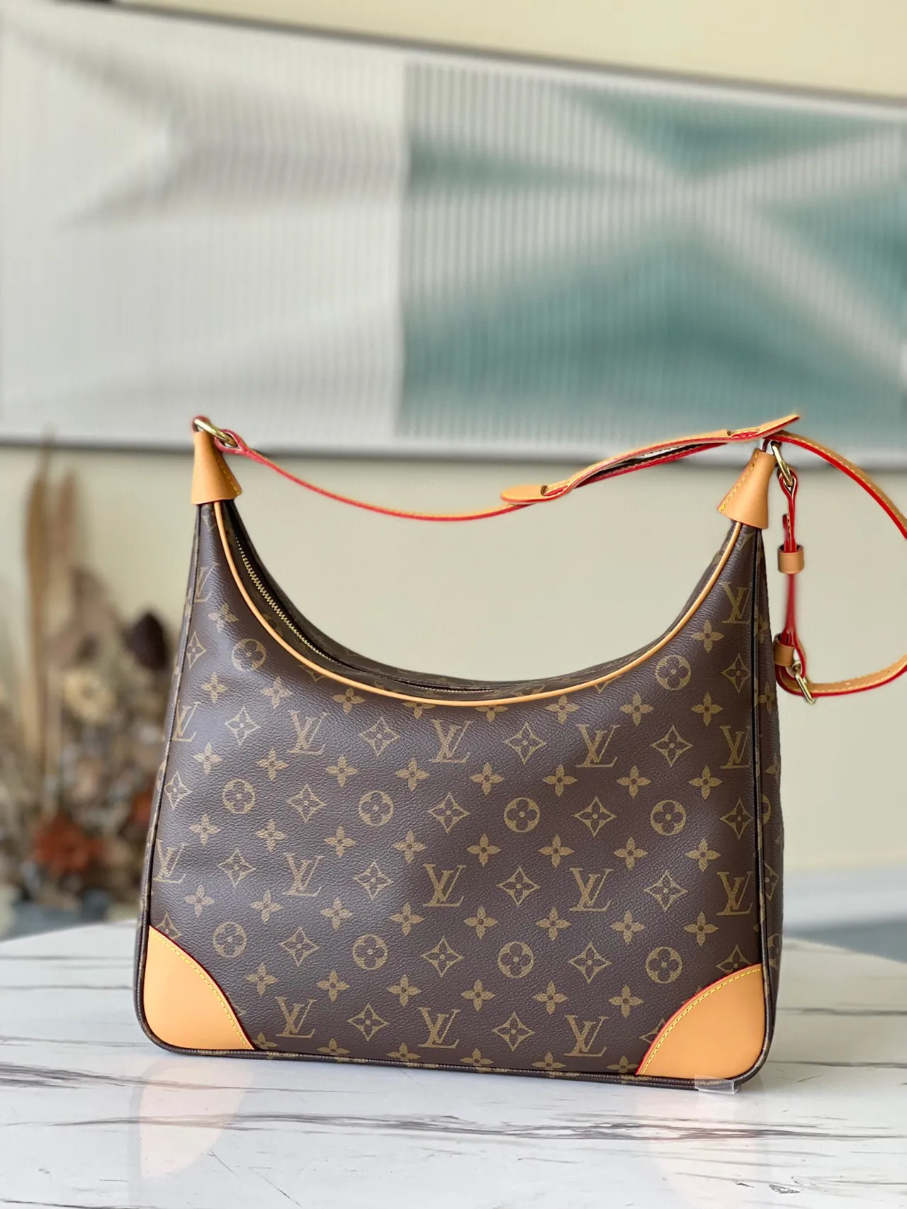 Louis Vuitton Brown Beige Monogram Canvas Tan Leather Trim Hobo Bag 8