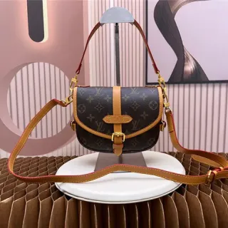 Louis Vuitton Brown Beige Monogram Canvas Tan Leather Trim Saddle Bag