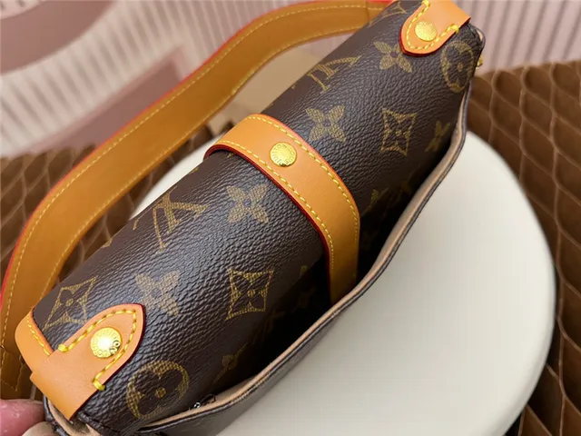Louis Vuitton Brown Beige Monogram Canvas Tan Leather Trim Saddle Bag 4