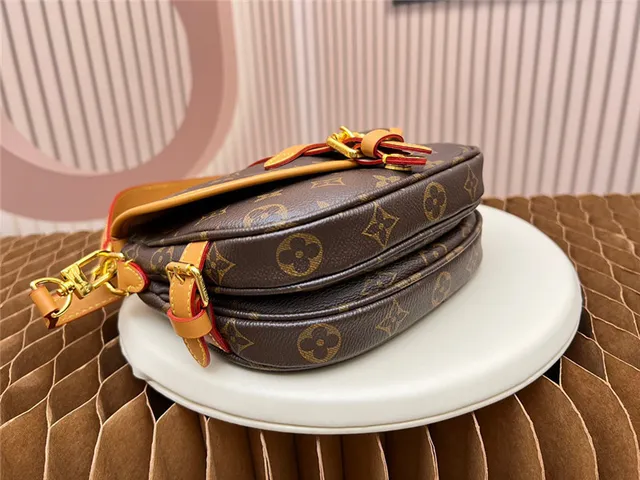 Louis Vuitton Brown Beige Monogram Canvas Tan Leather Trim Saddle Bag 7