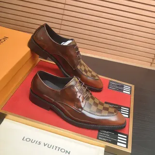 Louis Vuitton Brown Beige Polished Leather Damier Checkered Toe Panel Oxford Shoes