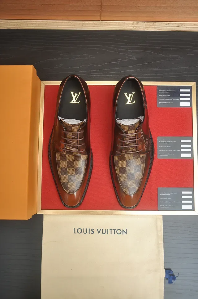 Louis Vuitton Sapatos Oxford Couro Polido Marrom Bege Damier Checkered Toe Panel 5