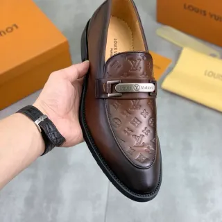 路易威登 棕黑色 印花压纹皮革 金属扣带 乐福鞋