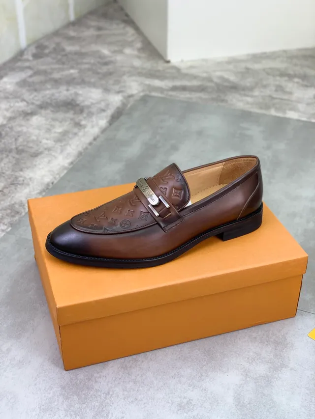Louis Vuitton Brown Black Monogram-Embossed Leather Metal Buckle Strap Loafer 4
