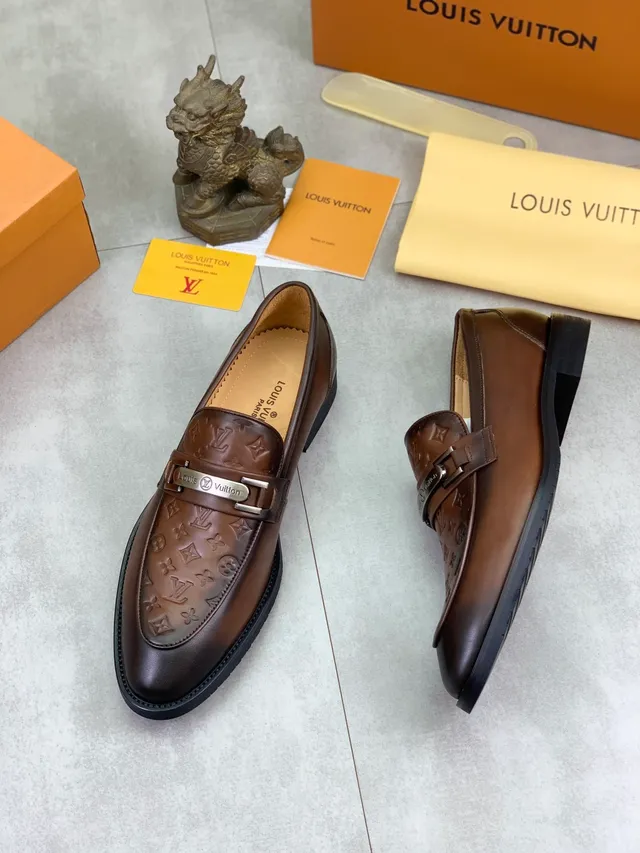 Louis Vuitton Brown Black Monogram-Embossed Leather Metal Buckle Strap Loafer 5
