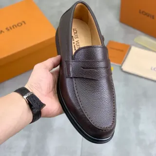 Louis Vuitton भूरा काला पेब्ल्ड चमड़ा पेनी स्ट्रैप लोअफर