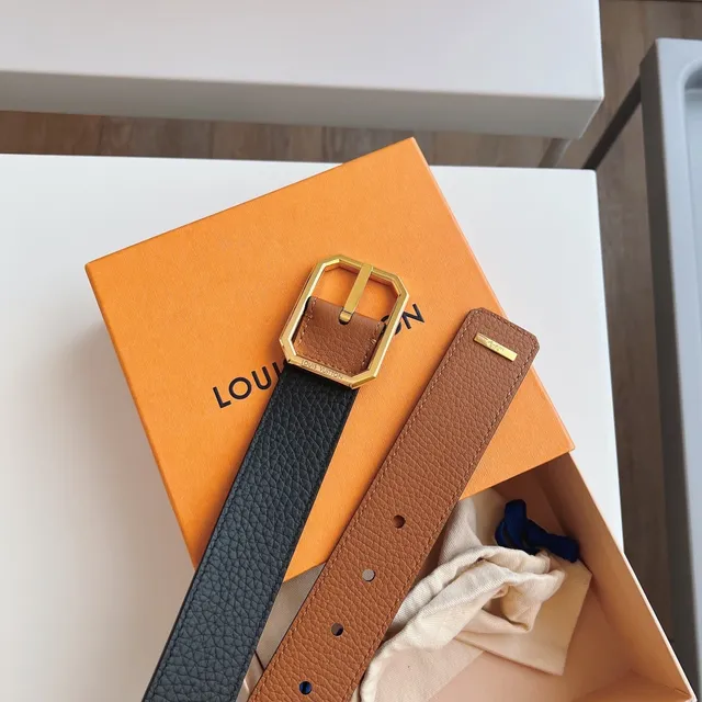 Louis Vuitton Brown Black Pebbled Octagonal Gold-Tone Buckle Leather Belt 1