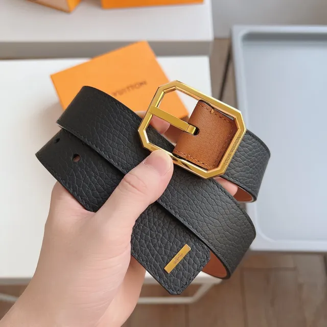 Louis Vuitton Brown Black Pebbled Octagonal Gold-Tone Buckle Leather Belt 2
