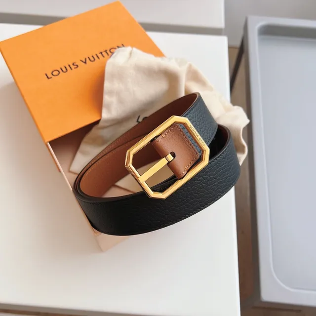 Louis Vuitton Brown Black Pebbled Octagonal Gold-Tone Buckle Leather Belt 4