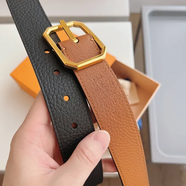 Louis Vuitton Brown Black Pebbled Octagonal Gold-Tone Buckle Leather Belt 6