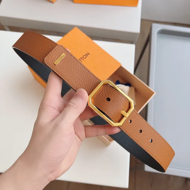 Louis Vuitton Brown Black Pebbled Octagonal Gold-Tone Buckle Leather Belt 8