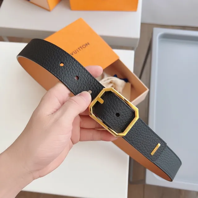 Louis Vuitton Brown Black Pebbled Octagonal Gold-Tone Buckle Leather Belt 9
