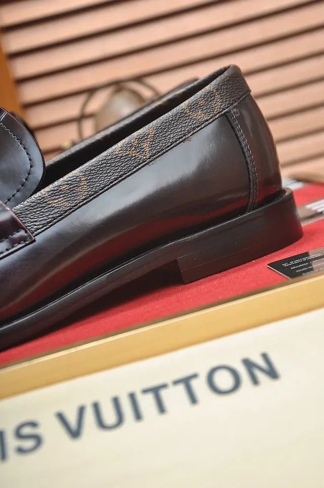 Louis Vuitton Brown Black Polished Leather Monogram Canvas Heel Trim Loafer 3