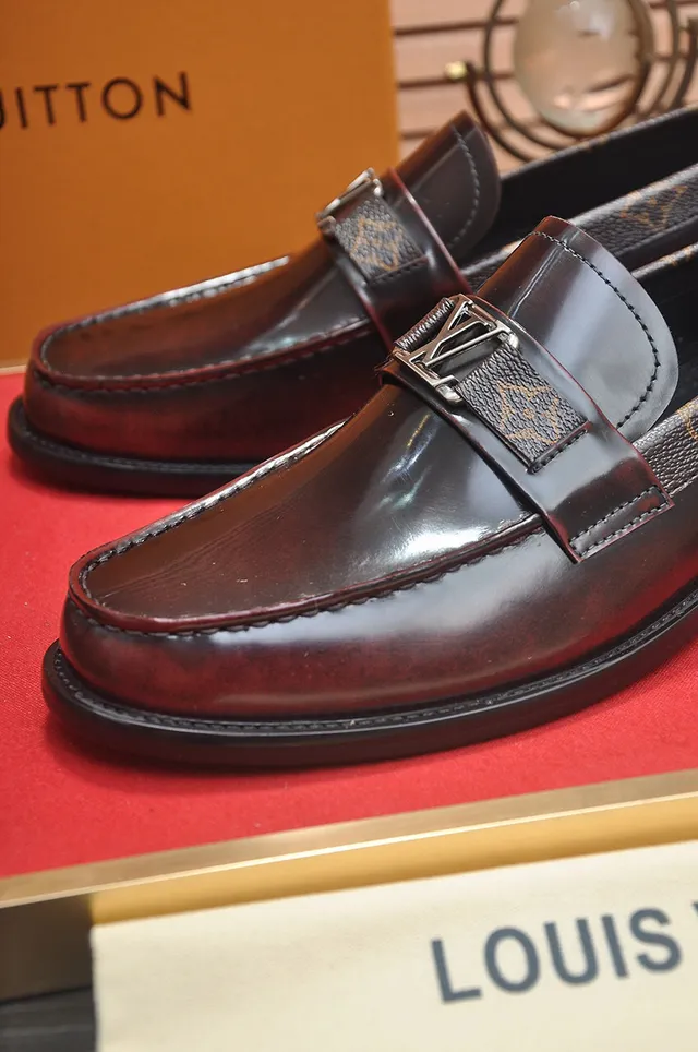 Louis Vuitton Brown Black Polished Leather Monogram Canvas Heel Trim Loafer 4