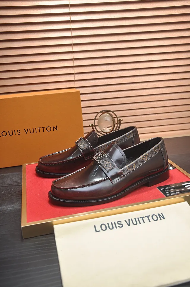 Louis Vuitton Brown Black Polished Leather Monogram Canvas Heel Trim Loafer 7