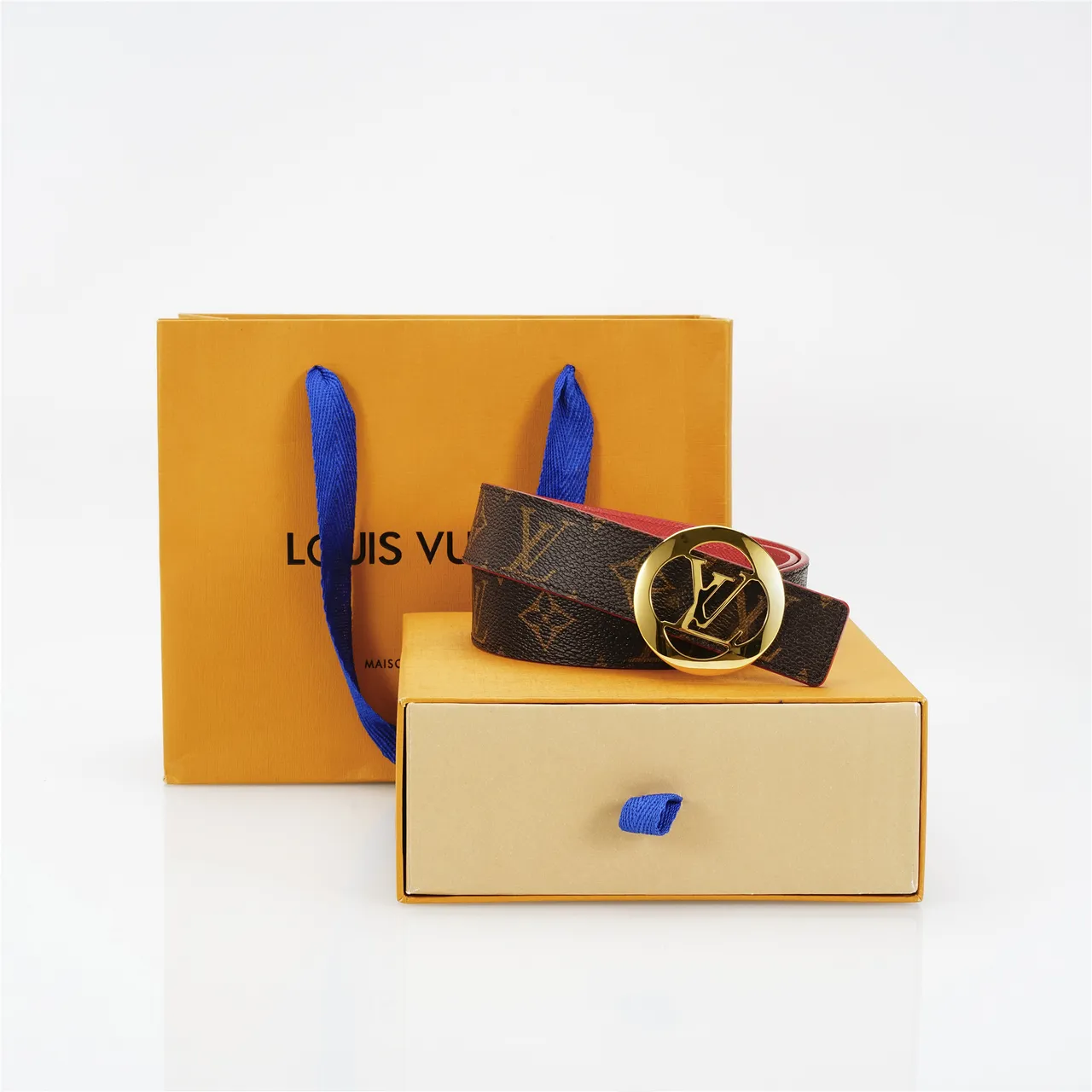 Louis Vuitton Brown Red Monogram Canvas Reversible Leather Belt 4