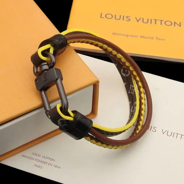 Louis Vuitton Brown Yellow Braided Leather Double-Wrap Bracelet 4