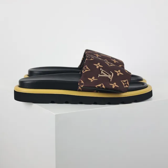 Louis Vuitton Brown Yellow Monogrammed Fabric Strap Metallic LV Logo Plaque Slippers 3