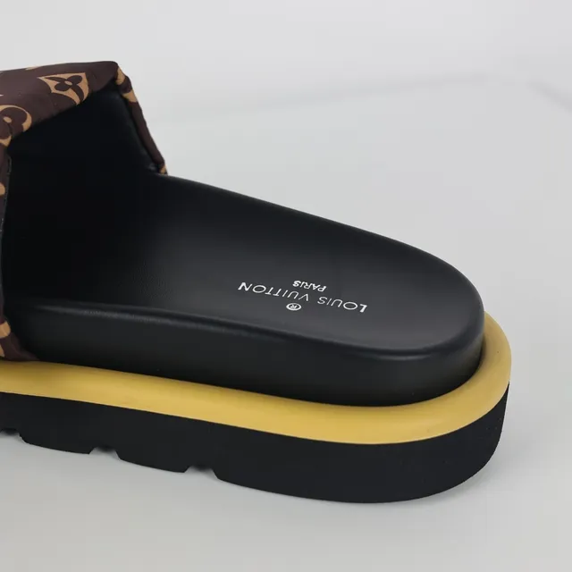 Louis Vuitton Brown Yellow Monogrammed Fabric Strap Metallic LV Logo Plaque Slippers 4