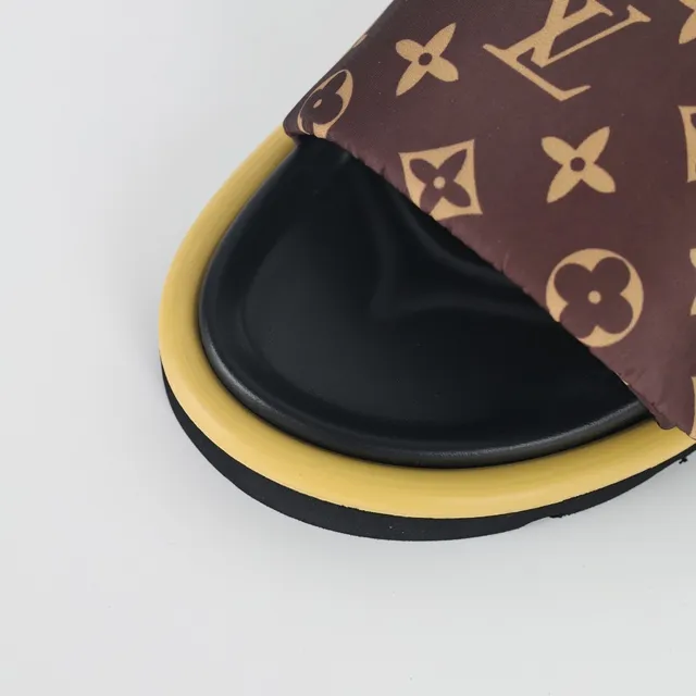 Louis Vuitton Brown Yellow Monogrammed Fabric Strap Metallic LV Logo Plaque Slippers 5