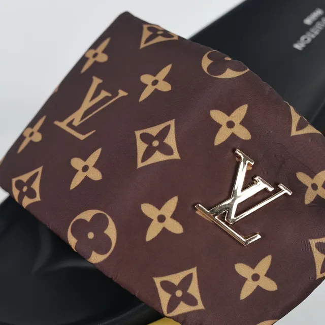Louis Vuitton Brown Yellow Monogrammed Fabric Strap Metallic LV Logo Plaque Slippers 6