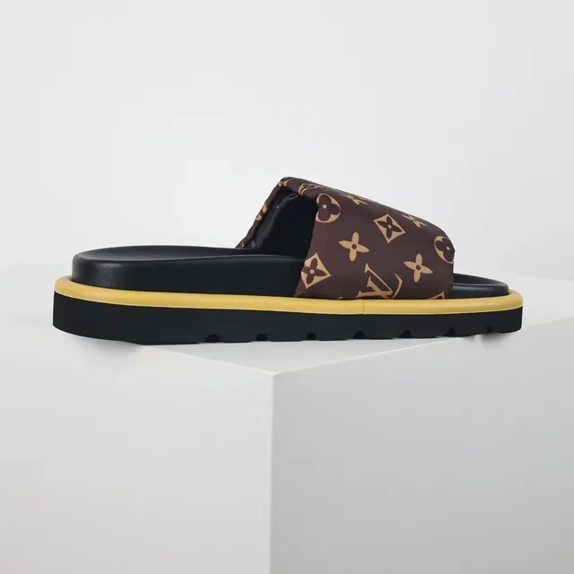 Louis Vuitton Brown Yellow Monogrammed Fabric Strap Metallic LV Logo Plaque Slippers 7