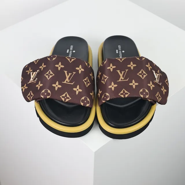 Louis Vuitton Brown Yellow Monogrammed Fabric Strap Metallic LV Logo Plaque Slippers 8