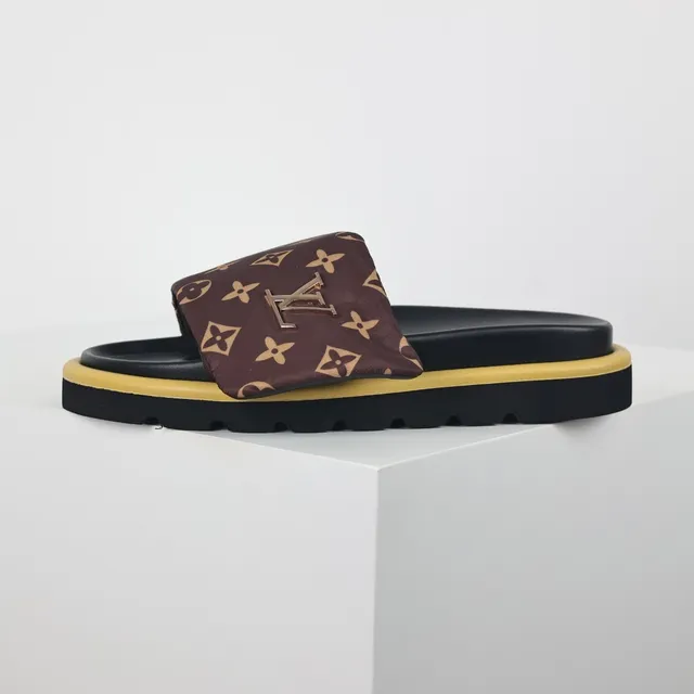 Louis Vuitton Brown Yellow Monogrammed Fabric Strap Metallic LV Logo Plaque Slippers 9