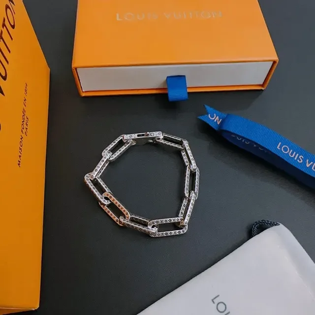 Louis Vuitton Chain Bracelet Silver Rectangular Link Engraved Monogram Pattern Bracelet 3