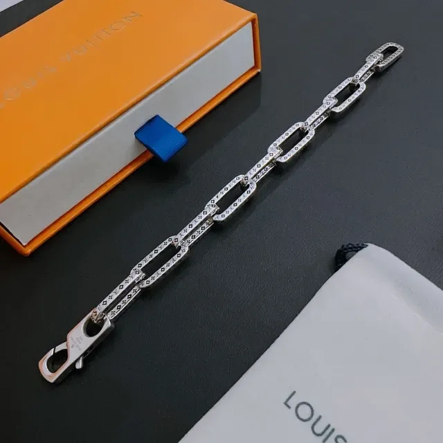 Louis Vuitton Chain Bracelet Silver Rectangular Link Engraved Monogram Pattern Bracelet 5