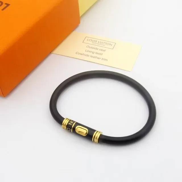 Louis Vuitton Circle Black Gold Rubber Band Cylindrical Clasp Bracelet 7
