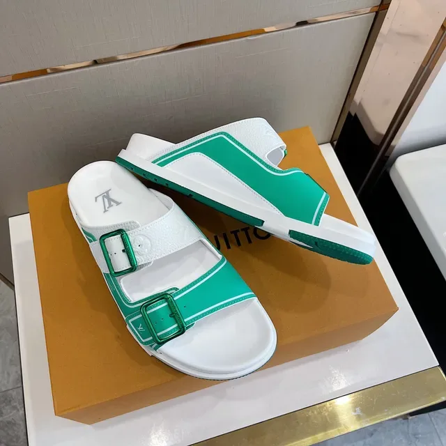 Louis Vuitton Sandalias Casuales de Doble Correa Verde y Blanco 3