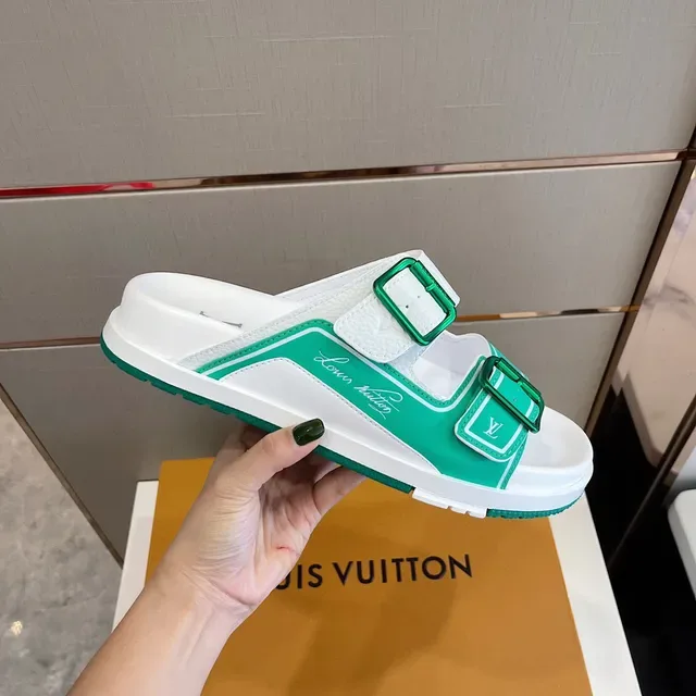 Louis Vuitton Sandalias Casuales de Doble Correa Verde y Blanco 6