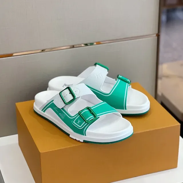 Louis Vuitton Sandalias Casuales de Doble Correa Verde y Blanco 8