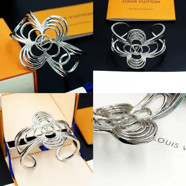 Louis Vuitton Floral Cuff Gold Silver Openwork Motif Interlocking Loop Construction Bracelet 14