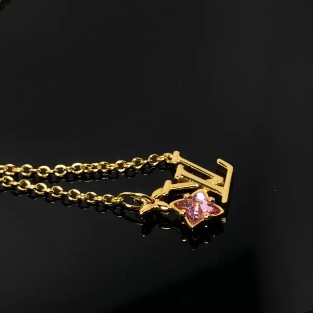 Louis Vuitton Flower Monogram Gold-Tone Pink Crystal Necklace 3