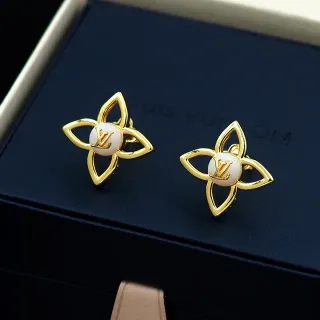 Louis Vuitton Motivo de Flor Pendientes Dorado y Blanco Cabochon