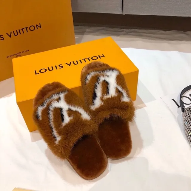 Louis Vuitton Fur Monogram Slipper Brown White Slippers 2
