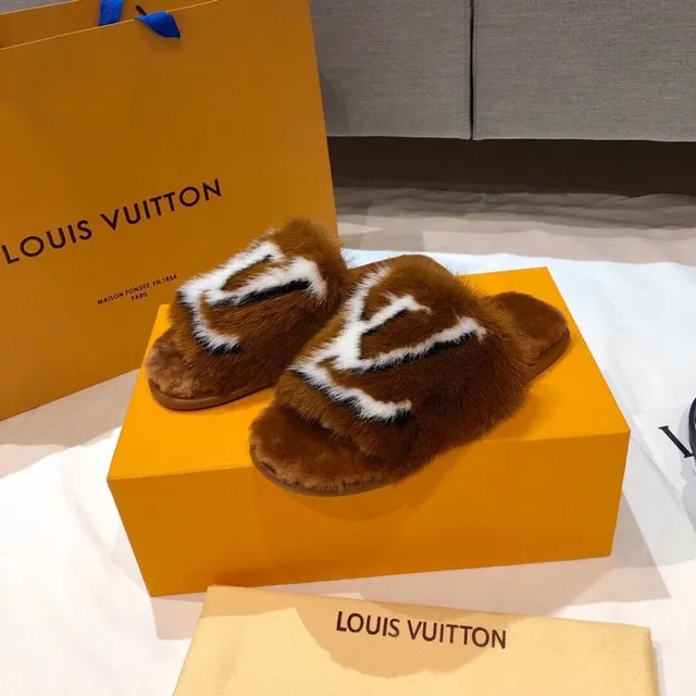 Louis Vuitton Fur Monogram Slipper Brown White Slippers 3