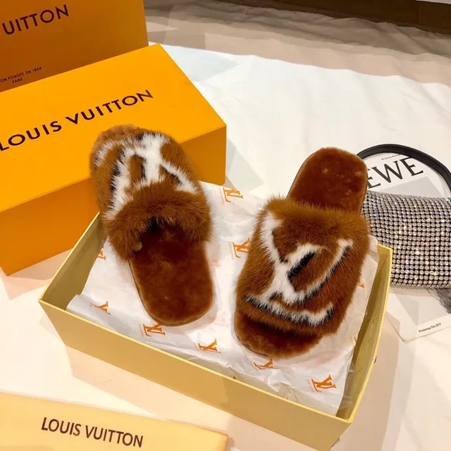 Louis Vuitton Fur Monogram Slipper Brown White Slippers 4