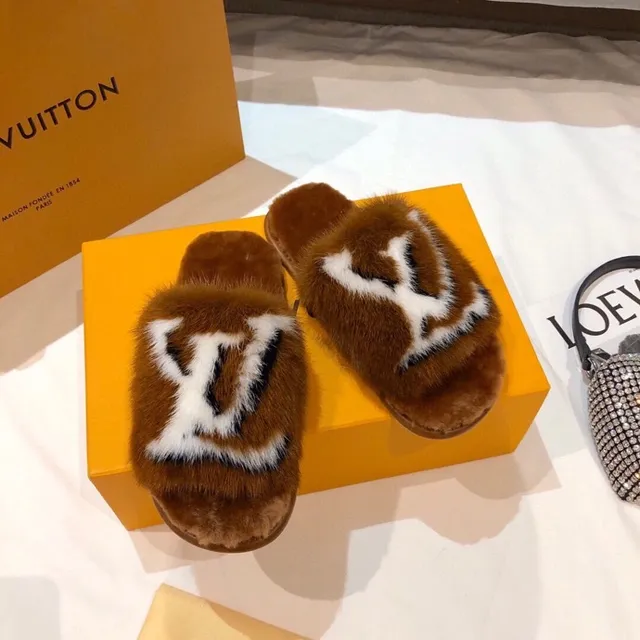 Louis Vuitton Fur Monogram Slipper Brown White Slippers 7