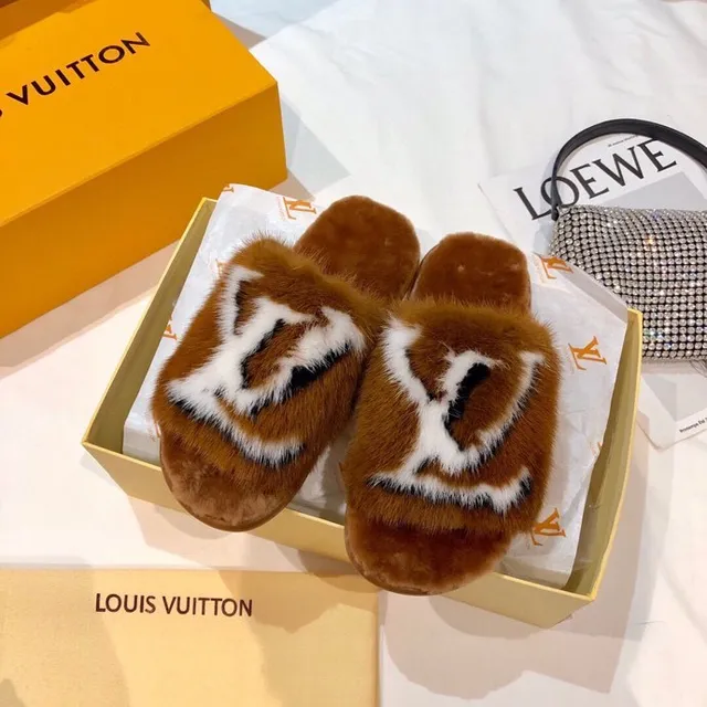 Louis Vuitton Fur Monogram Slipper Brown White Slippers 8