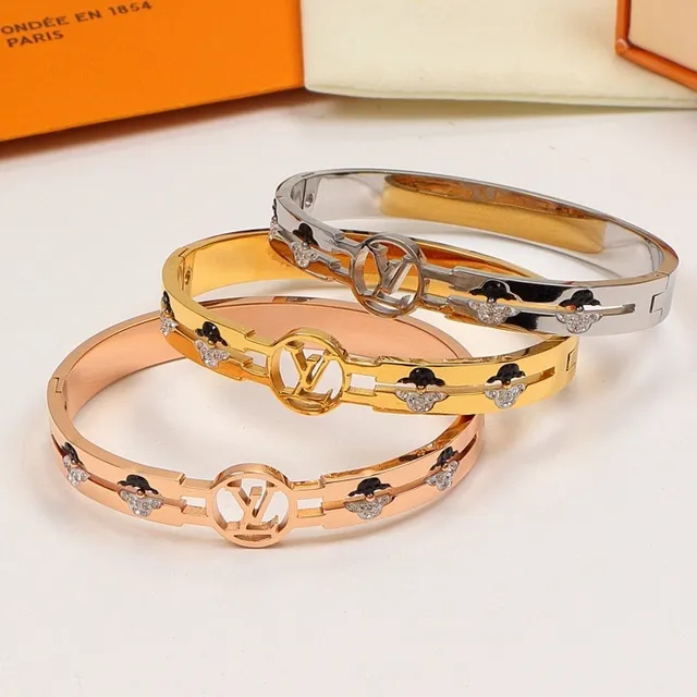 Louis Vuitton Gold Black Metal Hinged Bangle Bracelet 6